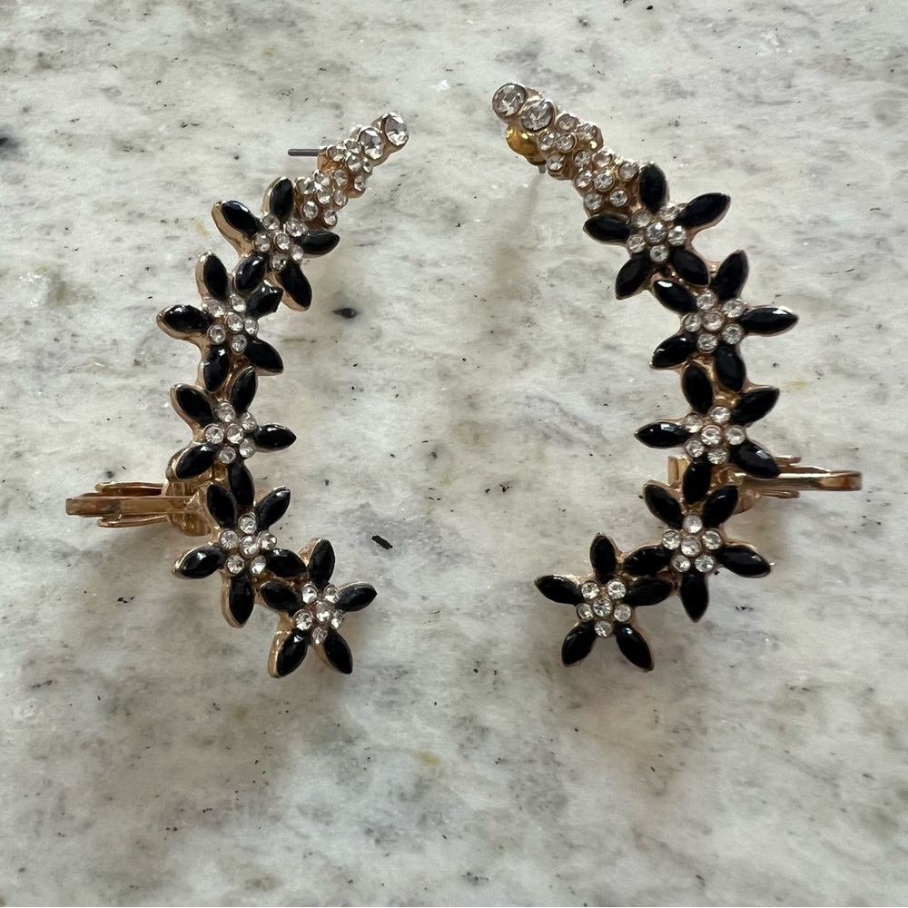 Women's Silver & Black Embellished Cluster Ear Cuff Earrings